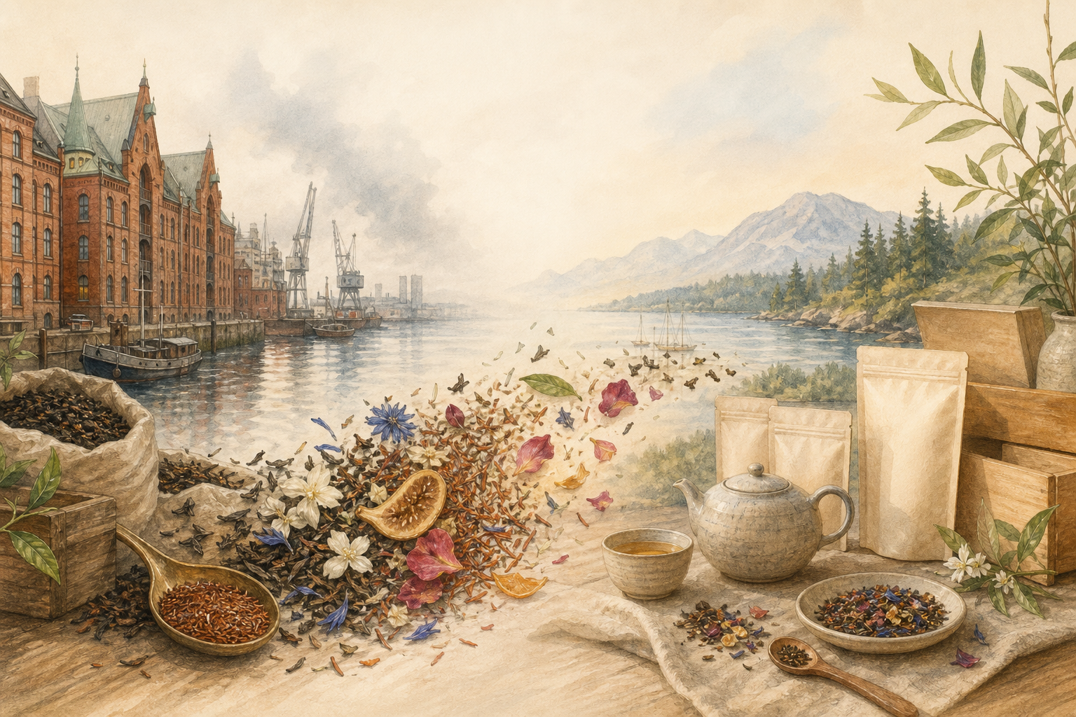 Illustrated journey of Moodvera tea from the Hamburg region to Richmond, British Columbia